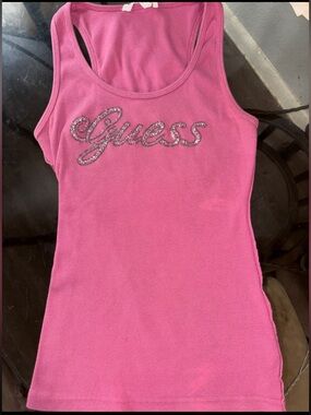 Gorgeous Y2K Bubble Gum Pink Vintage GUESS Rhinestone Logo Ribbed Tank Top